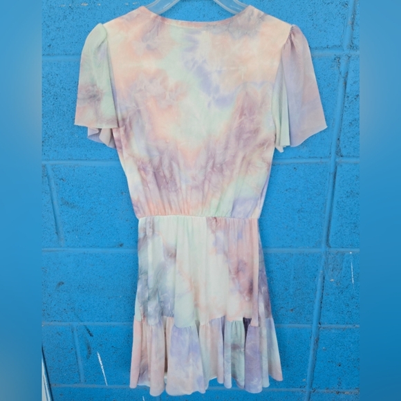 AQUA WOMEN'S Pastel Tie-Dye Wrap Dress STRETCH V NECK RUCHED Sz S - Picture 4 of 6